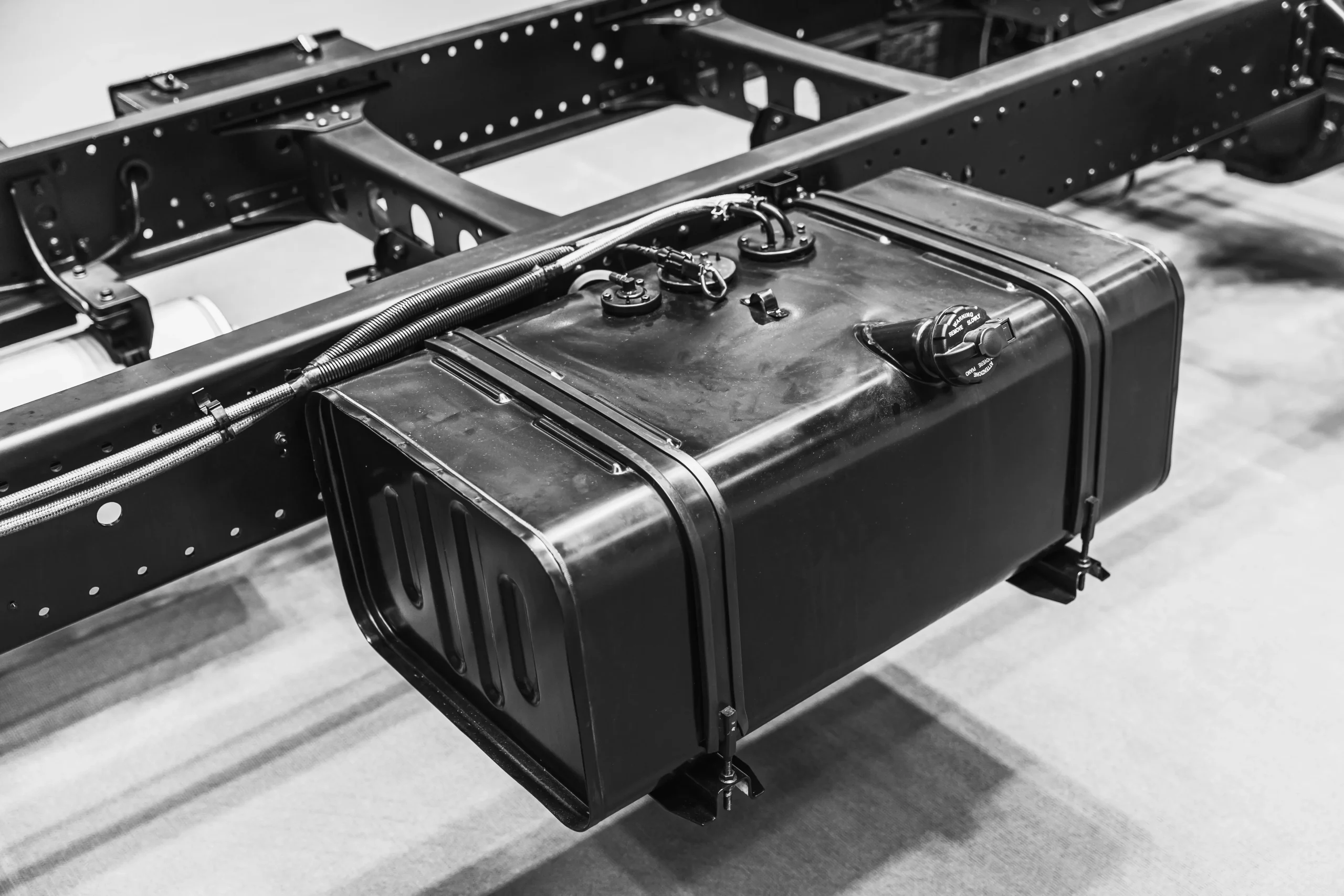 Black fuel gas tank securely mounted on a metal vehicle chassis