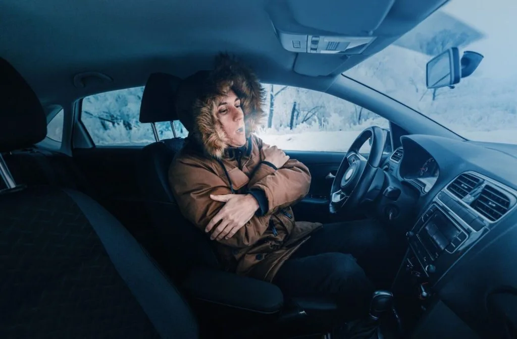 A person in a car, wearing a fur-lined coat, appears cold and uncomfortable